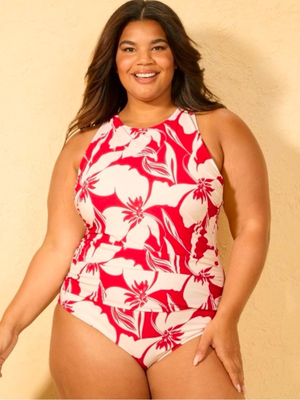 NWT Shade & Shore Red and White Floral High-Neck One-Piece Swimsuit